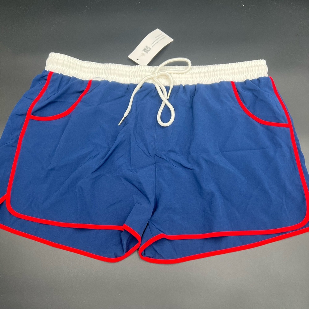 Men’s Coofandy swim trunks size XL built in underwear. Blue red white.‎ NWT